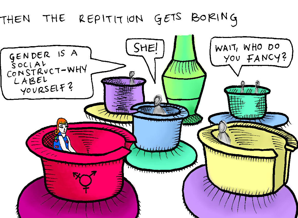 Image is a bunch shadowed people riding on a tea cup ride shouting, "She!", "Gender is a social construct- why label yourself?", "Wait, who do you fancy?" at the person with orange hair. The text above reads, then the repetition gets boring.